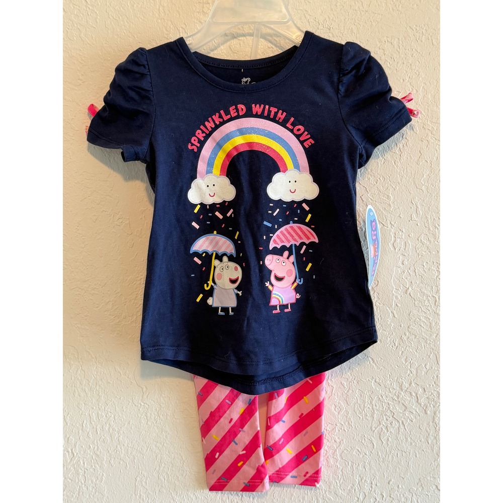 Peppa Pig Girls 2T Navy Rainbow Sprinkled With Love Shirt Leggings Set NEW